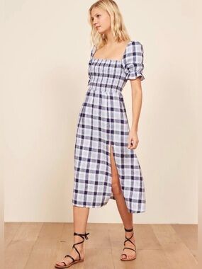 Reformation Linen Midi Dress Blue Plaid Puff Sleeve Smocked Size S